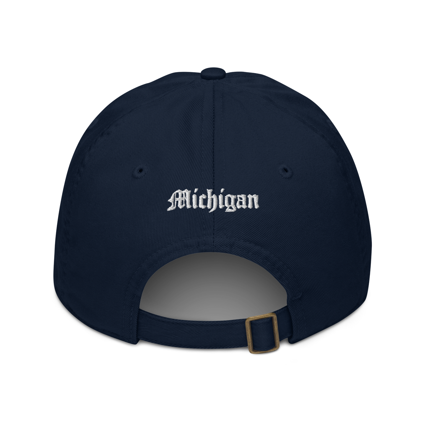 Michigan Old English 'M' Classic Baseball Cap (w/ 'Michigan' Back Design) | White/Navy Embroidery