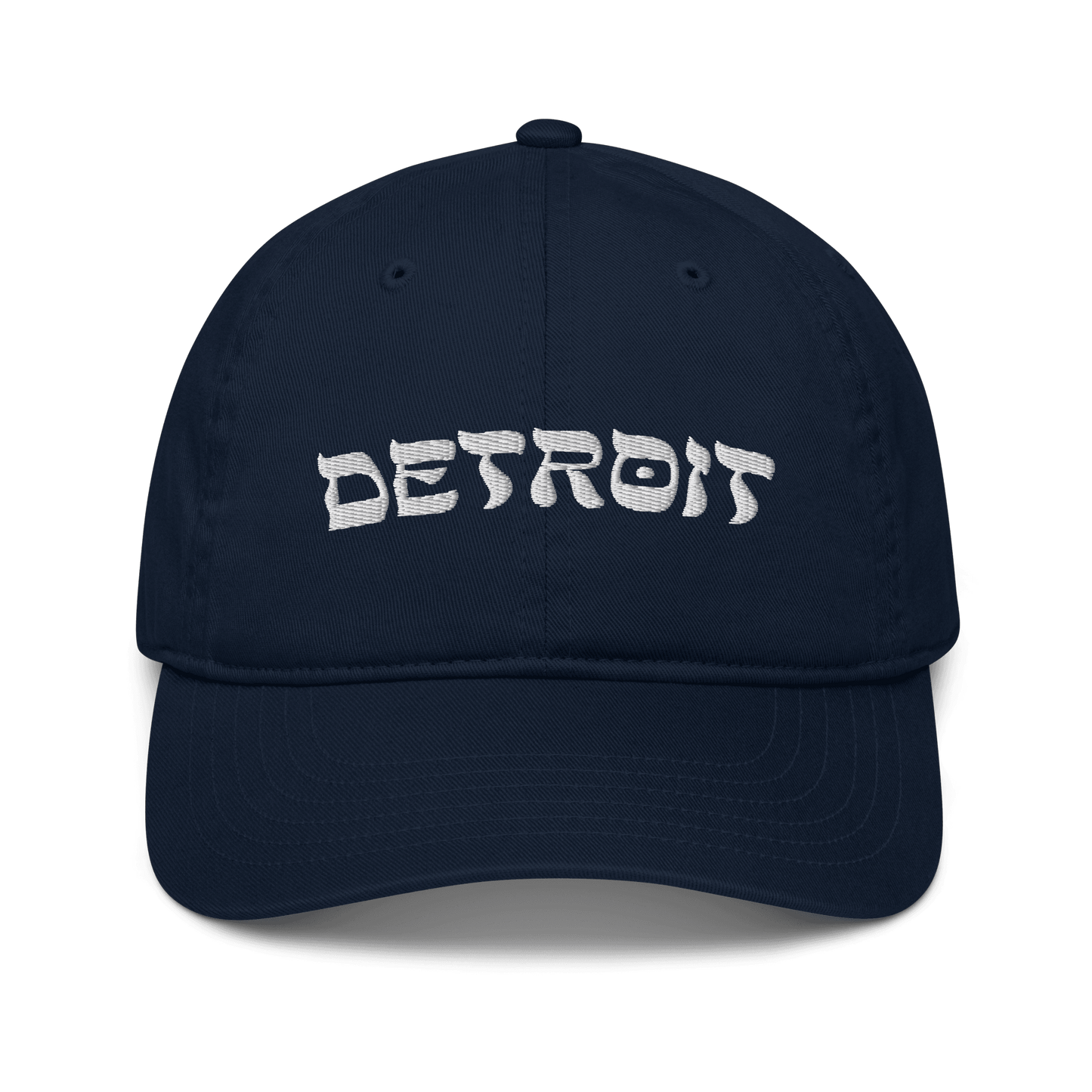 'Detroit' Baseball Cap (Hebrew-Style Font) | White and Blue Embroidery - Circumspice Michigan