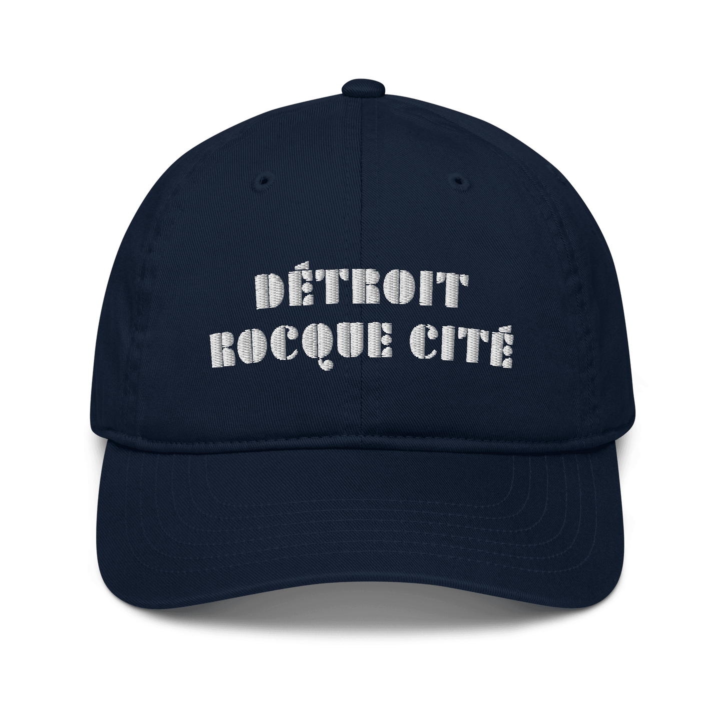 'Detroit Rocque Cité' Baseball Cap (Art Deco Font) | White/Navy Embroidery - Circumspice Michigan