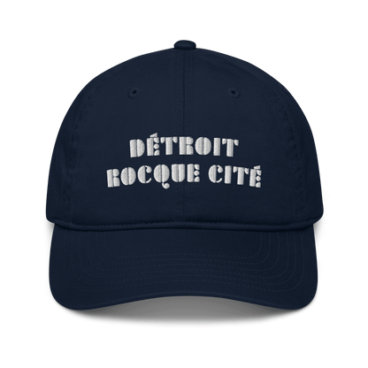 'Detroit Rocque Cité' Baseball Cap (Art Deco Font) | White/Navy Embroidery - Circumspice Michigan