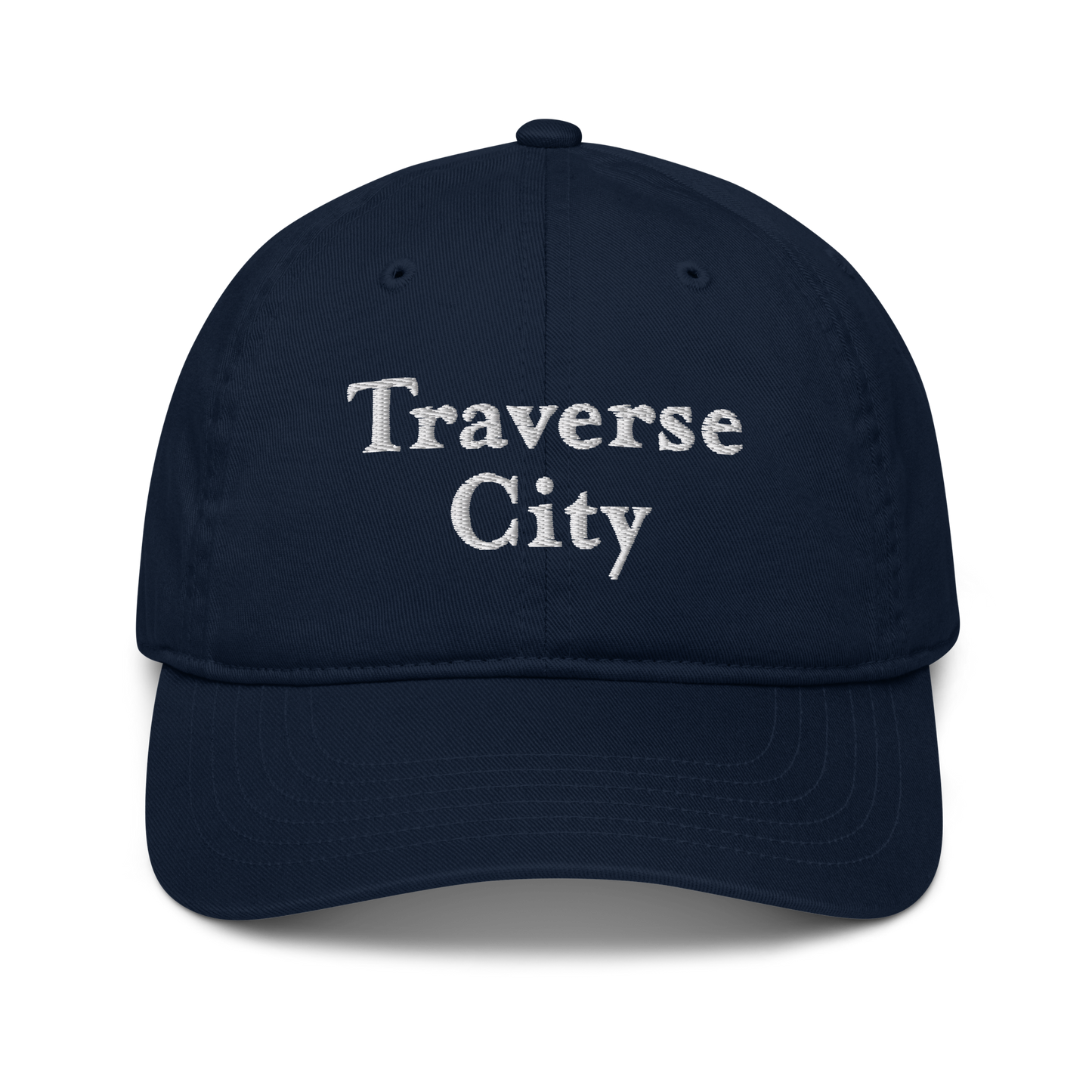 'Traverse City' Classic Baseball Cap | White/Navy Embroidery