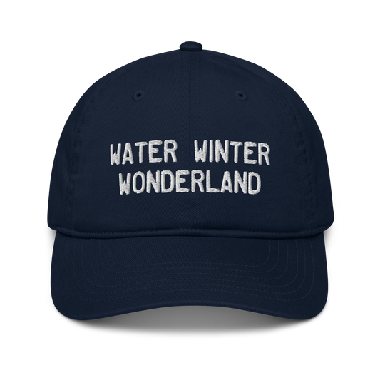 'Water Winter Wonderland' Classic Baseball Cap (Licence Plate Font) | White/Navy Embrodiery