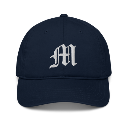 Michigan Old English 'M' Classic Baseball Cap (w/ 'Michigan' Back Design) | White/Navy Embroidery