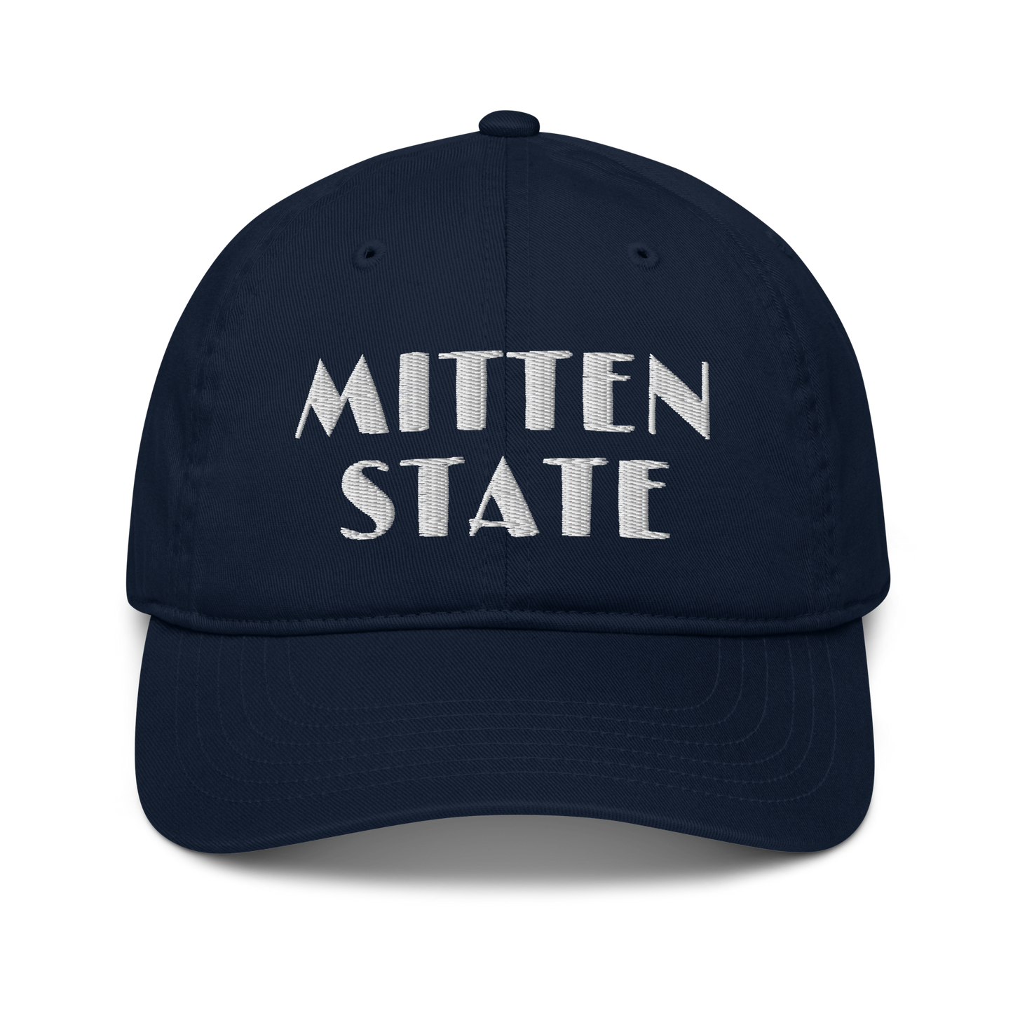 Michigan 'Mitten State' Classic Baseball Cap (Art Deco Font) | White/Navy Embroidery