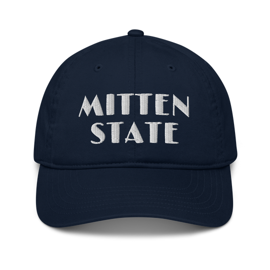 Michigan 'Mitten State' Classic Baseball Cap (Art Deco Font) | White/Navy Embroidery