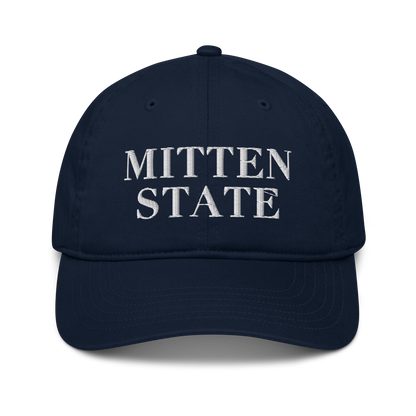 Michigan 'Mitten State' Classic Baseball Cap (Didone Font) | White/Navy Embroidery