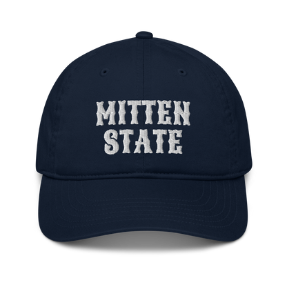 Michigan 'Mitten State' Classic Baseball Cap (Western Font) | White/Navy Embroidery