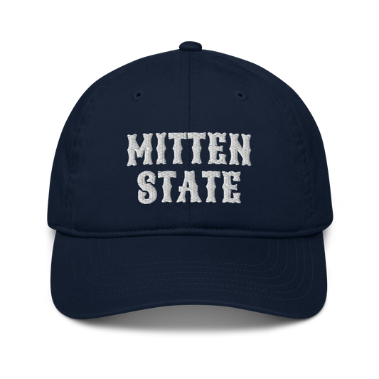 Michigan 'Mitten State' Classic Baseball Cap (Western Font) | White/Navy Embroidery