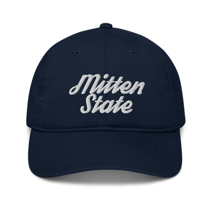 Michigan 'Mitten State' Classic Baseball Cap (Script Font) | White/Navy Embroidery