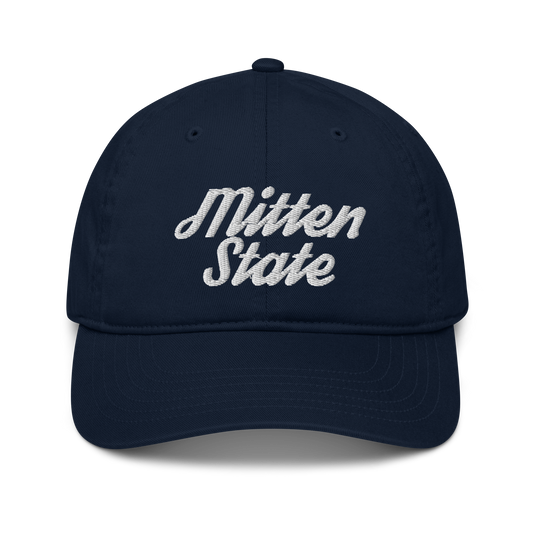 Michigan 'Mitten State' Classic Baseball Cap (Script Font) | White/Navy Embroidery