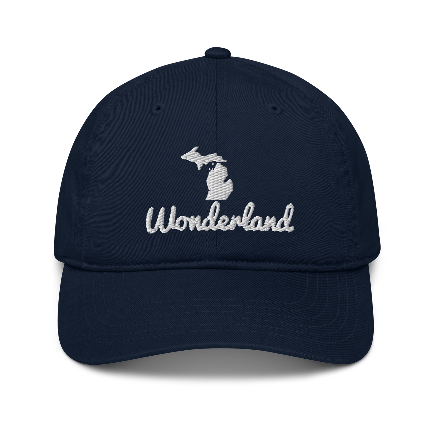 Michigan 'Wonderland' Classic Baseball Cap (Script Font w/ Mi Outline) | White/Navy Embroidery