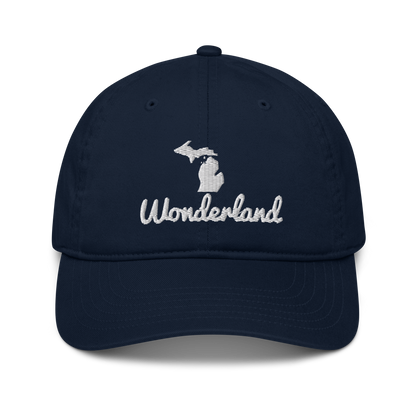 Michigan 'Wonderland' Classic Baseball Cap (Script Font w/ Mi Outline) | White/Navy Embroidery