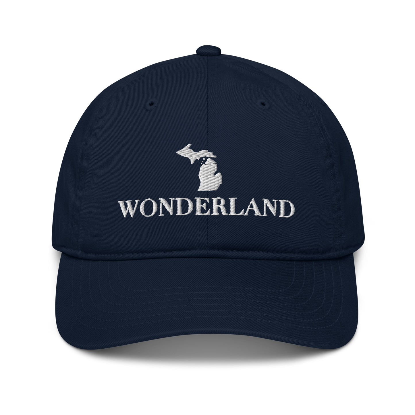 Michigan 'Wonderland' Classic Baseball Cap (Didone Font w/ MI Outline) | White/Navy Embroidery