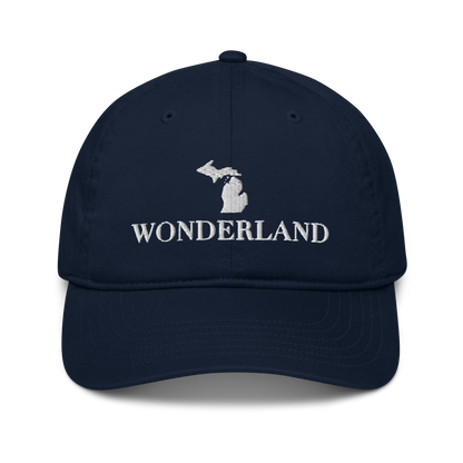 Michigan 'Wonderland' Classic Baseball Cap (Didone Font w/ MI Outline) | White/Navy Embroidery