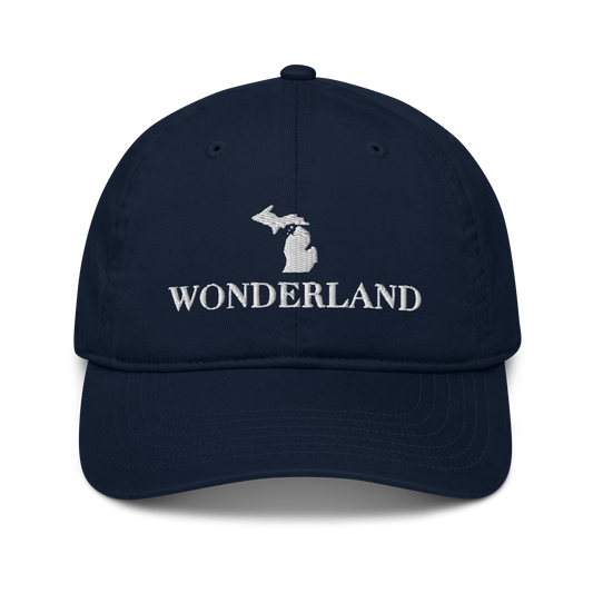 Michigan 'Wonderland' Classic Baseball Cap (Didone Font w/ MI Outline) | White/Navy Embroidery