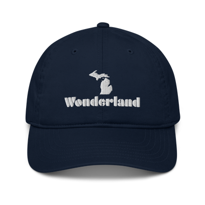 Michigan 'Wonderland' Classic Baseball Cap (Art Deco Font w/ MI Outline) | White/Navy Embroidery