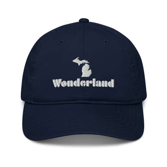 Michigan 'Wonderland' Classic Baseball Cap (Art Deco Font w/ MI Outline) | White/Navy Embroidery