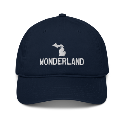 Michigan 'Wonderland' Classic Baseball Cap (Licence Plate Font w/ MI Outline) | White/Navy Embroidery