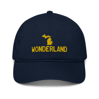 Michigan 'Wonderland' Classic Baseball Cap (Licence Plate Font w/ MI Outline) | Gold Embroidery