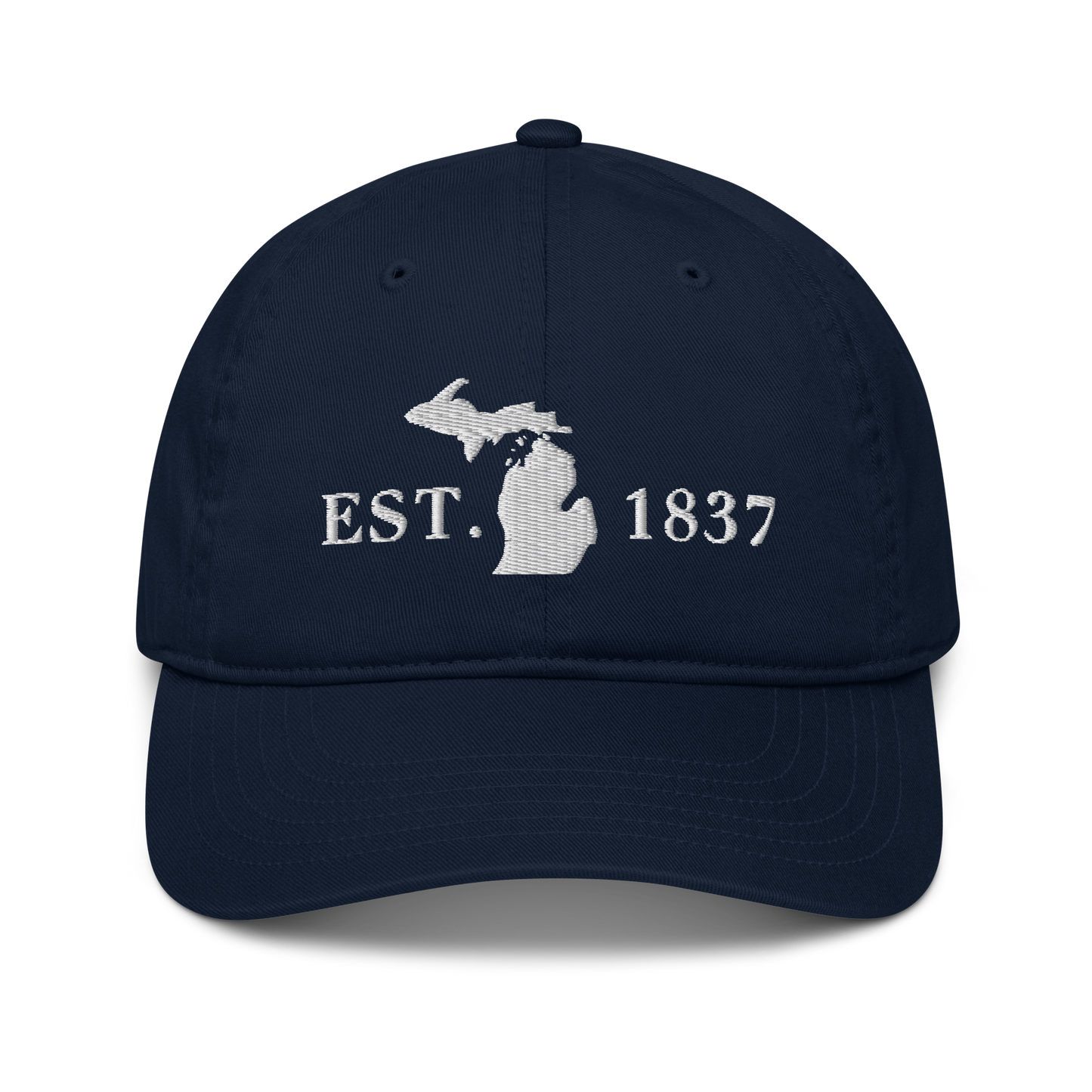 Michigan 'EST 1837' Classic Baseball Cap (Didone Font w/ MI Outline) | White/Navy Embroidery