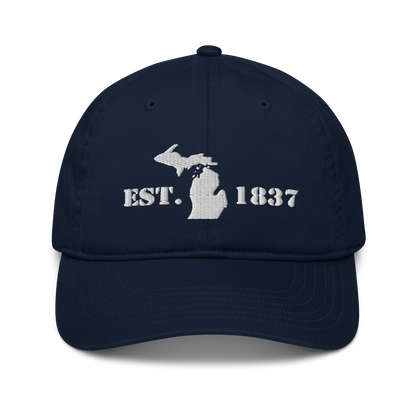 Michigan 'EST 1837' Classic Baseball Cap (Army Font w/ MI Outline) | White/Navy Embroidery