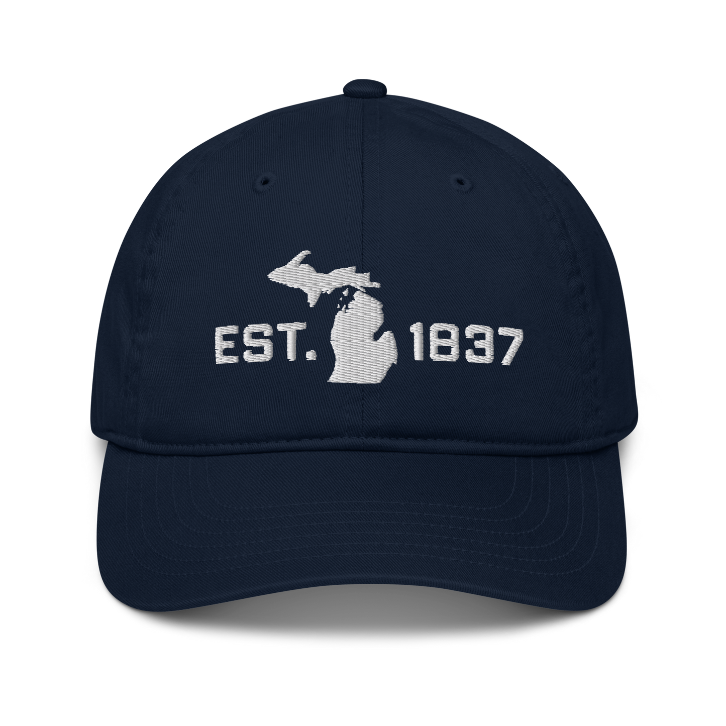 Michigan 'EST 1837' Classic Baseball Cap (Athletic Font w/ MI Outline) | White/Navy Embroidery