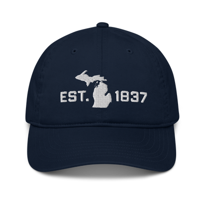 Michigan 'EST 1837' Classic Baseball Cap (Athletic Font w/ MI Outline) | White/Navy Embroidery