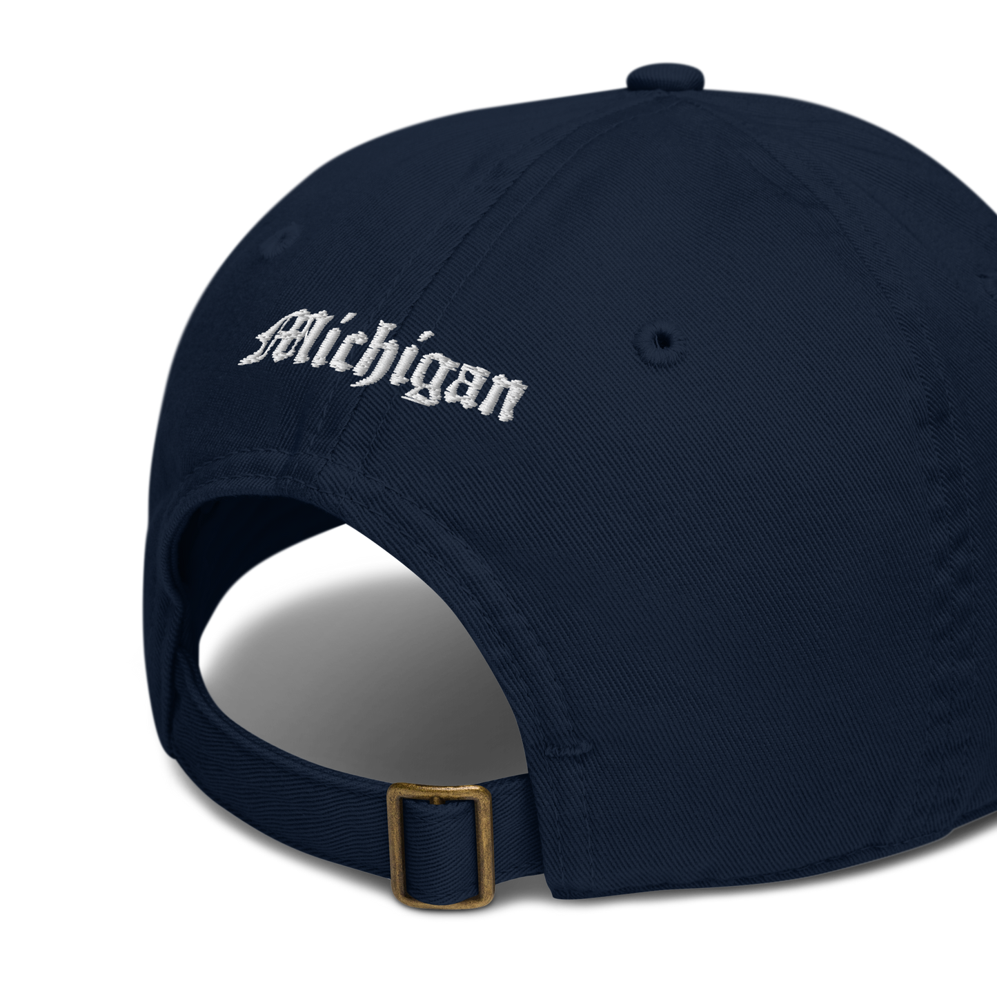 Michigan Old English 'M' Classic Baseball Cap (w/ 'Michigan' Back Design) | White/Navy Embroidery