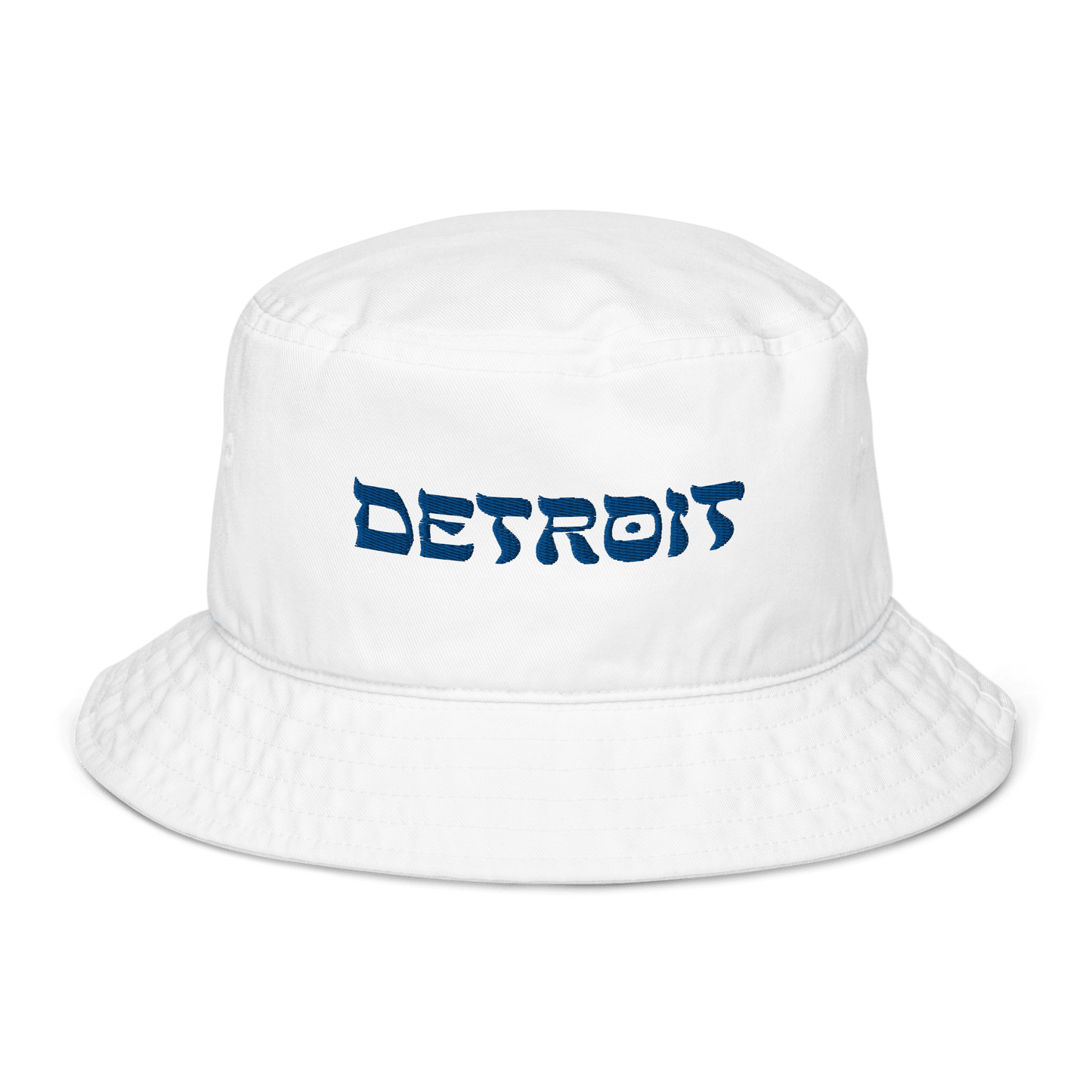 'Detroit' Bucket Hat (Hebrew-Style Font) | White/Blue Embroidery - Circumspice Michigan