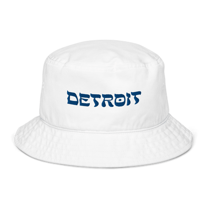 'Detroit' Bucket Hat (Hebrew-Style Font) | White/Blue Embroidery - Circumspice Michigan