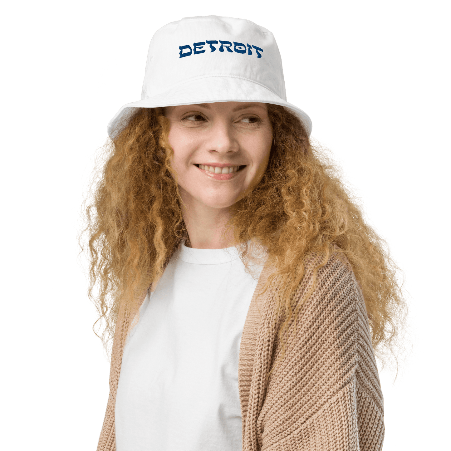 'Detroit' Bucket Hat (Hebrew-Style Font) | White/Blue Embroidery - Circumspice Michigan