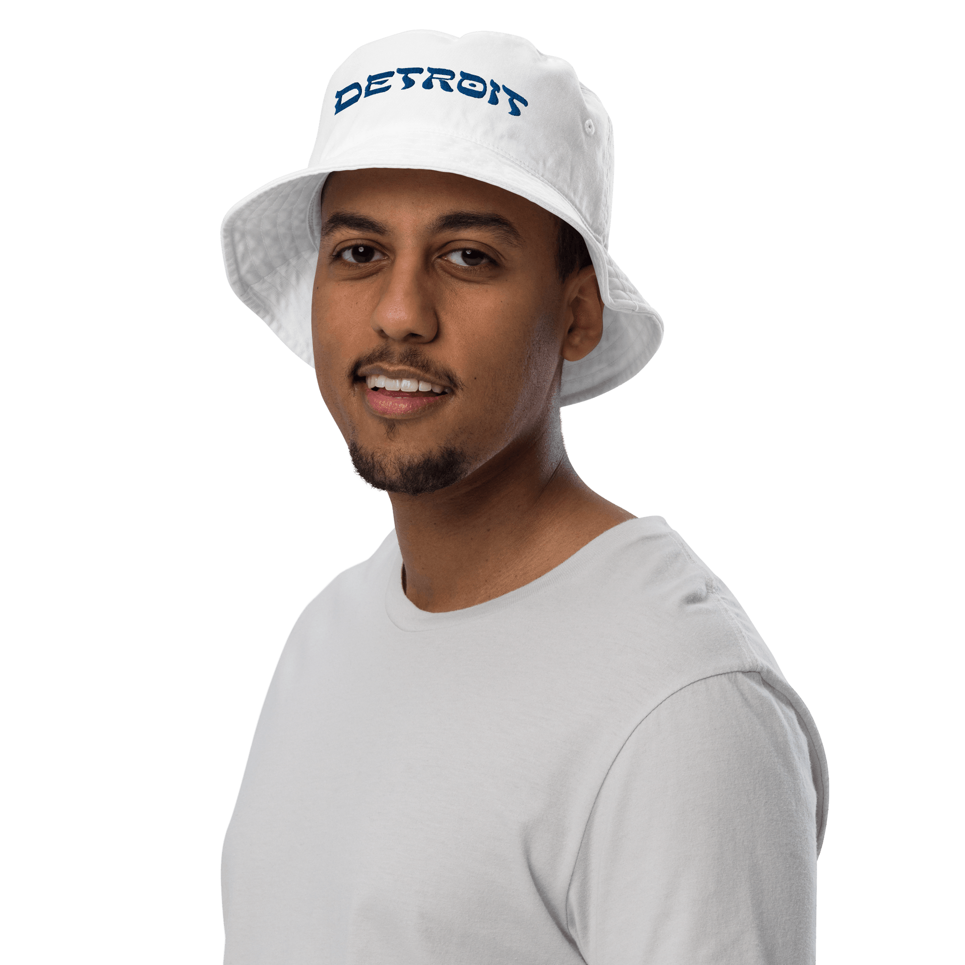 'Detroit' Bucket Hat (Hebrew-Style Font) | White/Blue Embroidery - Circumspice Michigan