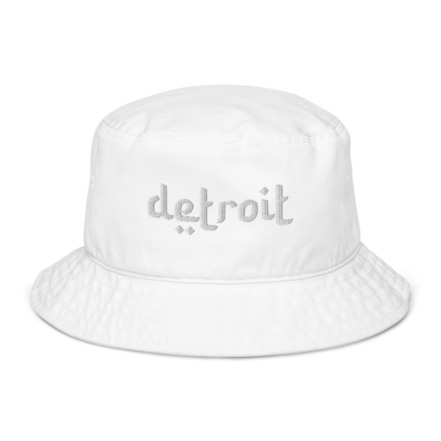 'Detroit' Bucket Hat (Arabic-Style Font) | White/Navy Embroidery - Circumspice Michigan