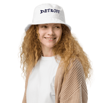 'Detroit' Bucket Hat (1980s Hip Hop Font) | White/Navy Embroidery - Circumspice Michigan