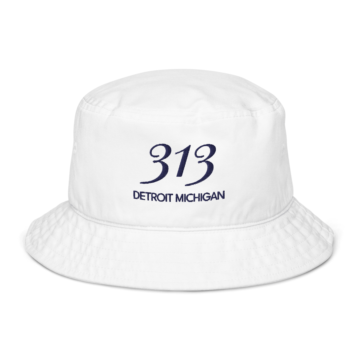 '313 Detroit Michigan' Bucket Hat | White/Navy Embroidery - Circumspice Michigan