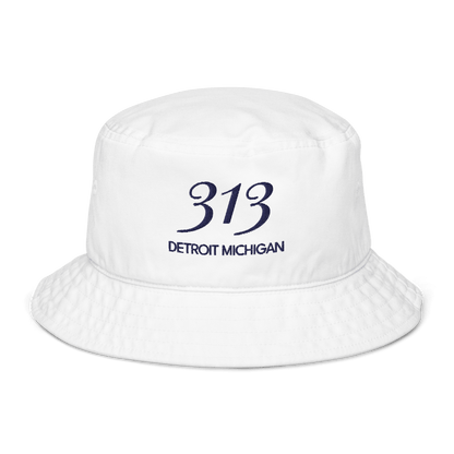 '313 Detroit Michigan' Bucket Hat | White/Navy Embroidery - Circumspice Michigan