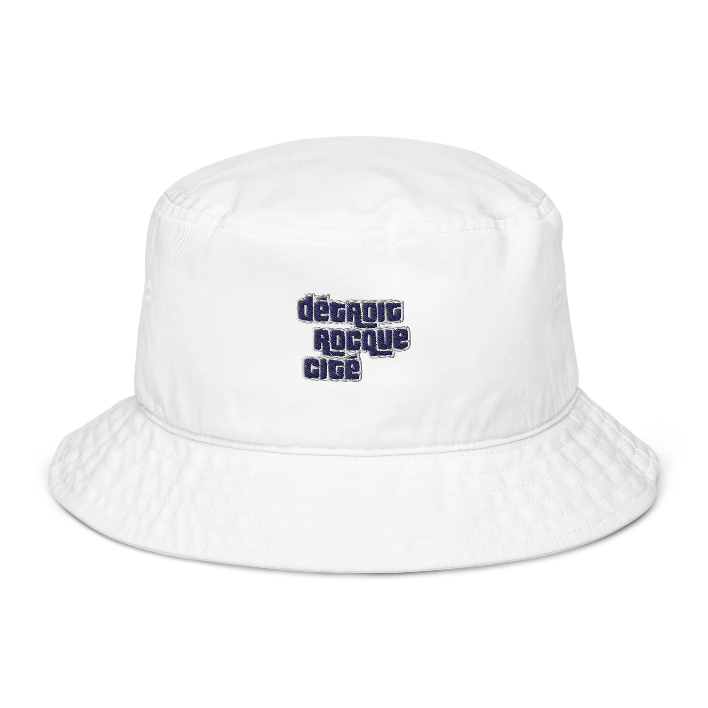 'Détroit Rocque Cité' Bucket Hat (Automobile Crime Parody) | Navy/White Embroidery