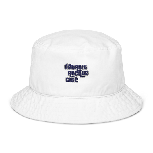 'Détroit Rocque Cité' Bucket Hat (Automobile Crime Parody) | Navy/White Embroidery