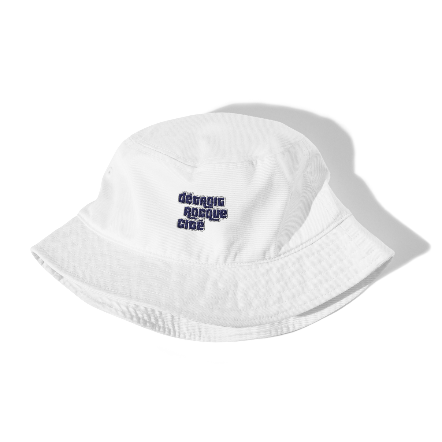 'Détroit Rocque Cité' Bucket Hat (Automobile Crime Parody) | Navy/White Embroidery