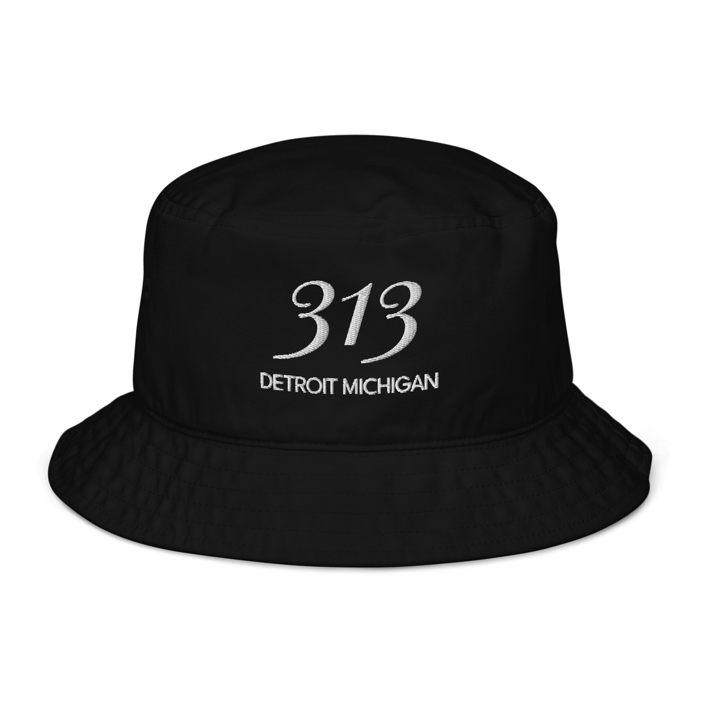 '313 Detroit Michigan' Bucket Hat | White/Navy Embroidery - Circumspice Michigan