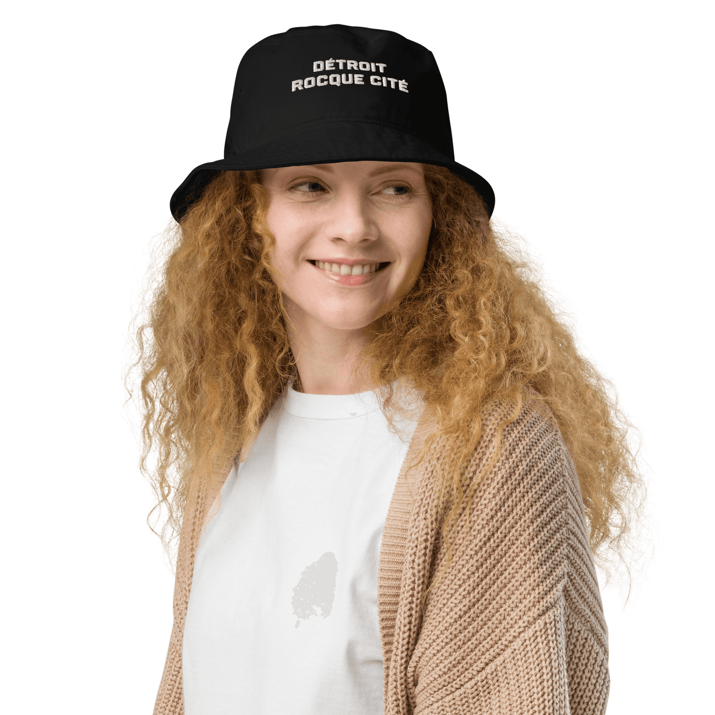 'Détroit Rocque Cité' Bucket Hat | White/Navy Embroidery - Circumspice Michigan