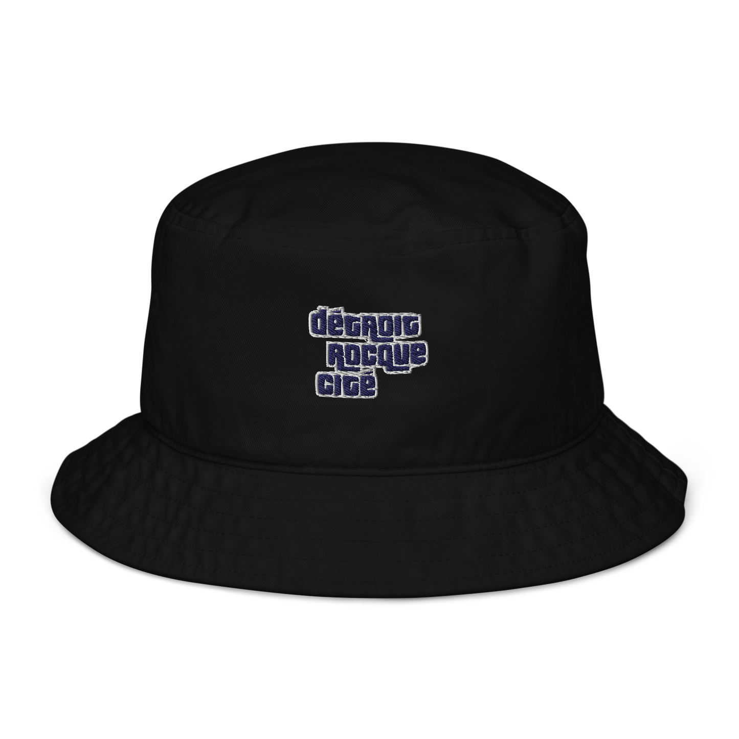 'Détroit Rocque Cité' Bucket Hat (Automobile Crime Parody) | Navy/White Embroidery