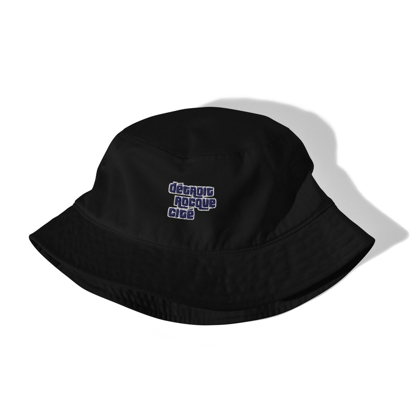 'Détroit Rocque Cité' Bucket Hat (Automobile Crime Parody) | Navy/White Embroidery