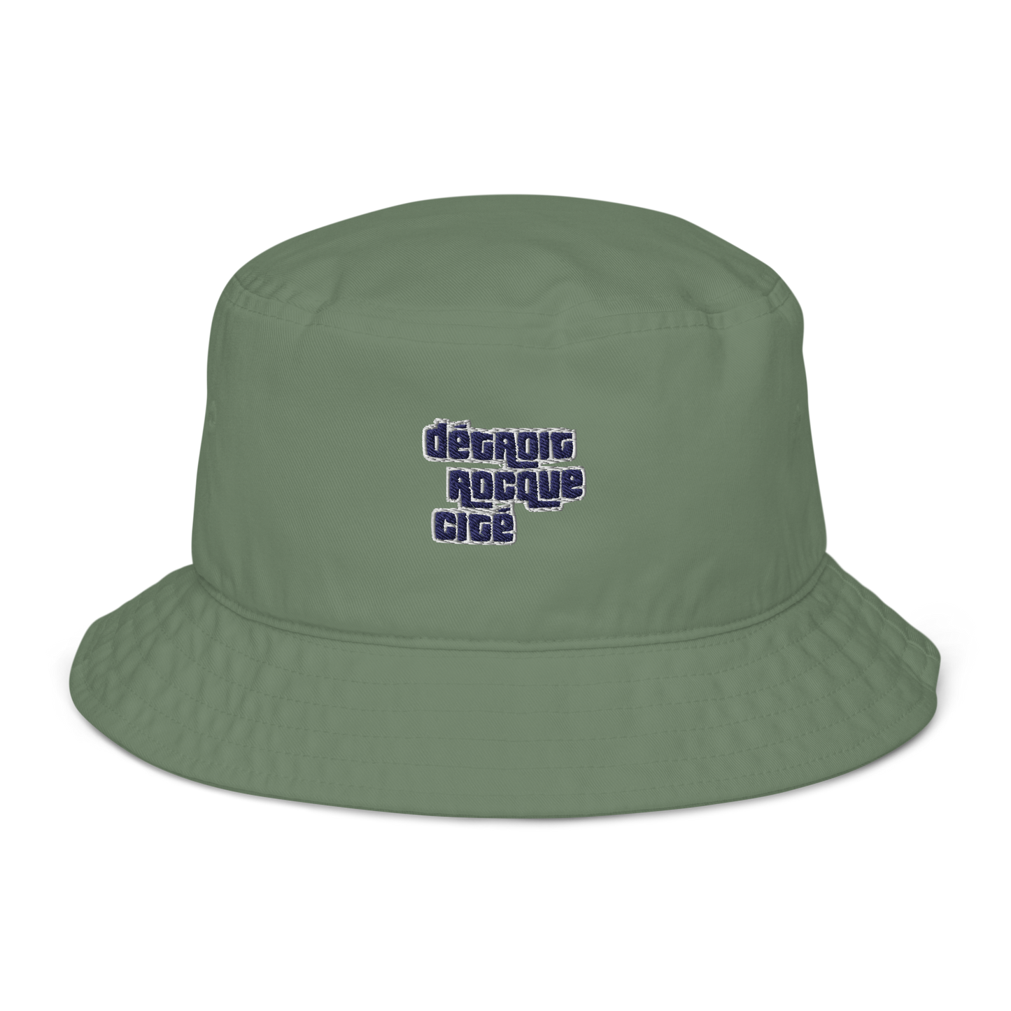 'Détroit Rocque Cité' Bucket Hat (Automobile Crime Parody) | Navy/White Embroidery