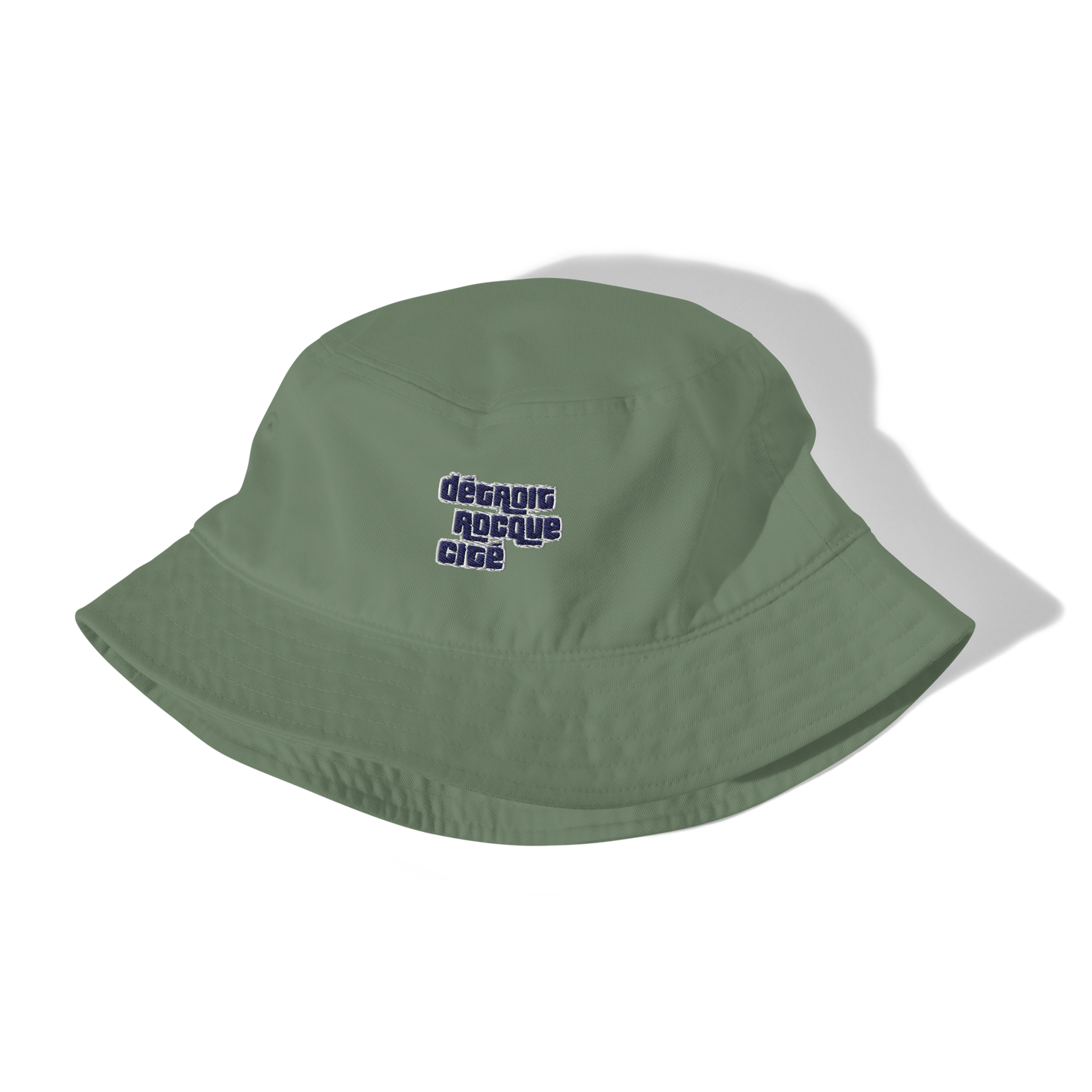 'Détroit Rocque Cité' Bucket Hat (Automobile Crime Parody) | Navy/White Embroidery