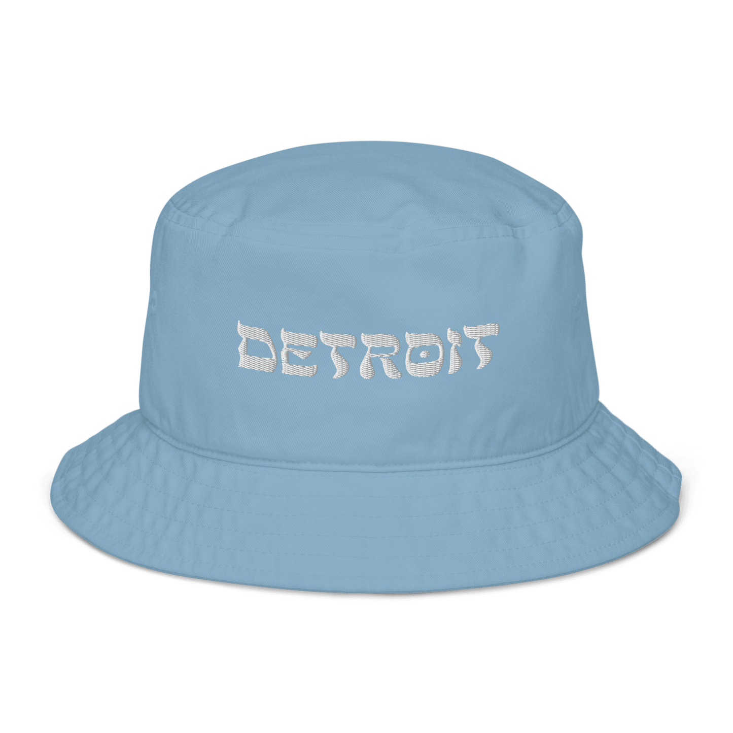 'Detroit' Bucket Hat (Hebrew-Style Font) | White/Blue Embroidery - Circumspice Michigan