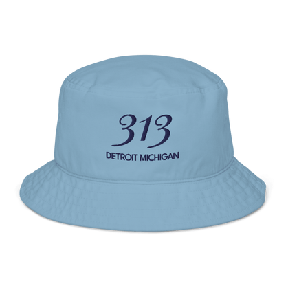 '313 Detroit Michigan' Bucket Hat | White/Navy Embroidery - Circumspice Michigan