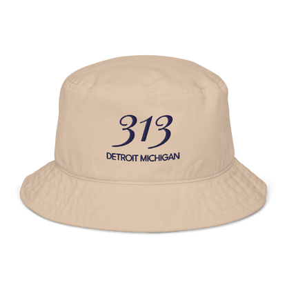 '313 Detroit Michigan' Bucket Hat | White/Navy Embroidery - Circumspice Michigan