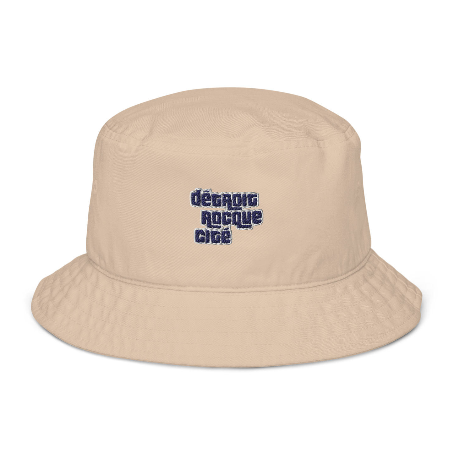 'Détroit Rocque Cité' Bucket Hat (Automobile Crime Parody) | Navy/White Embroidery