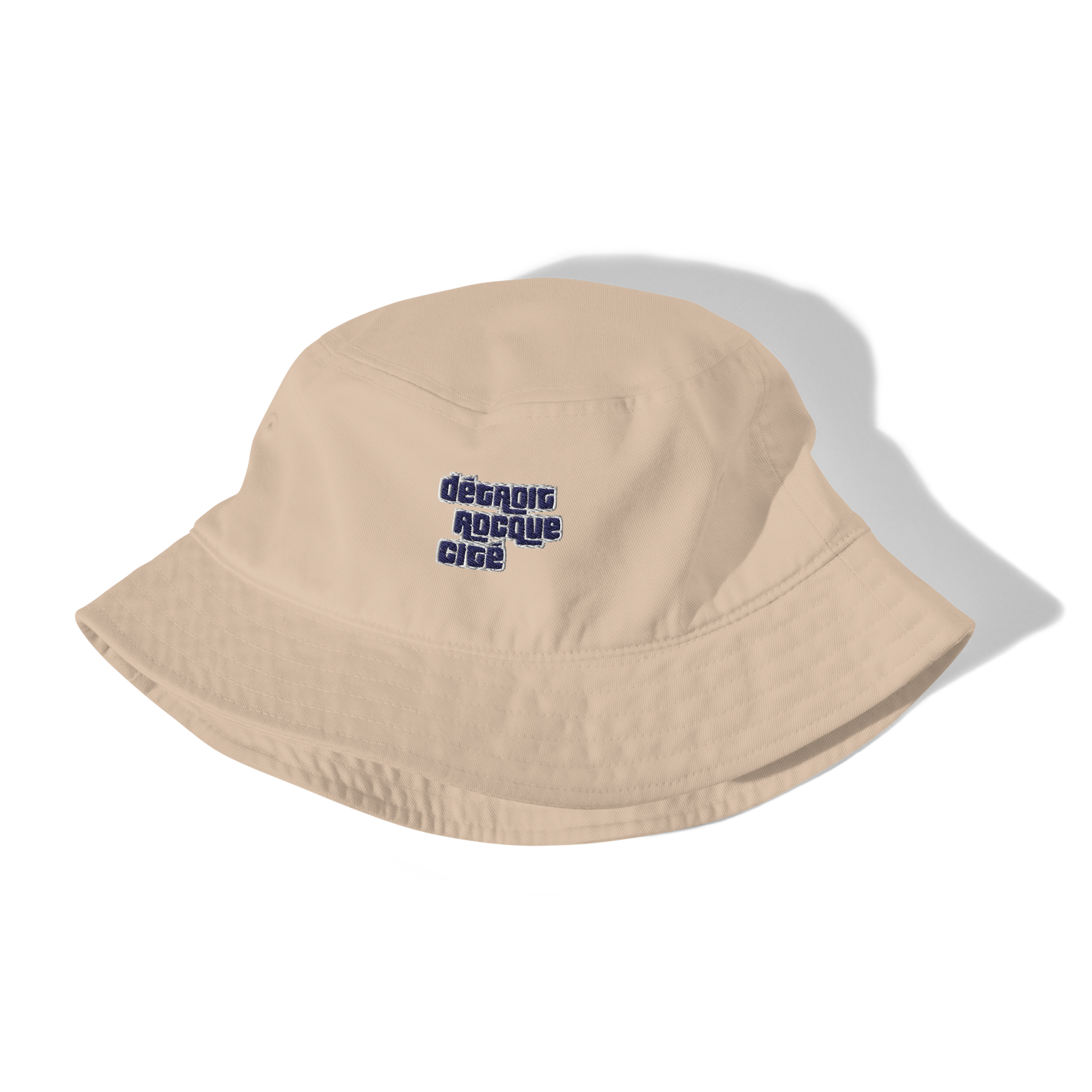 'Détroit Rocque Cité' Bucket Hat (Automobile Crime Parody) | Navy/White Embroidery